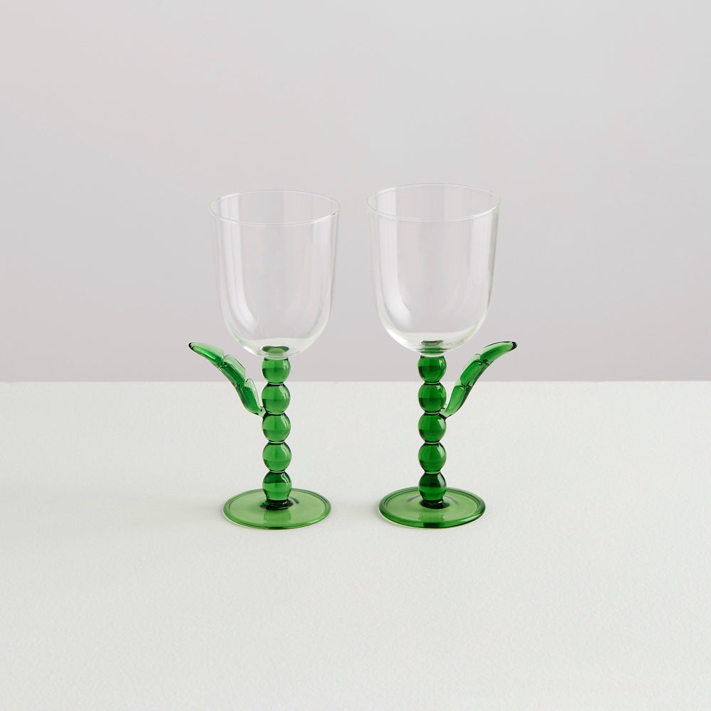 2 Palmier Wine Glasses | Green &amp; Clear