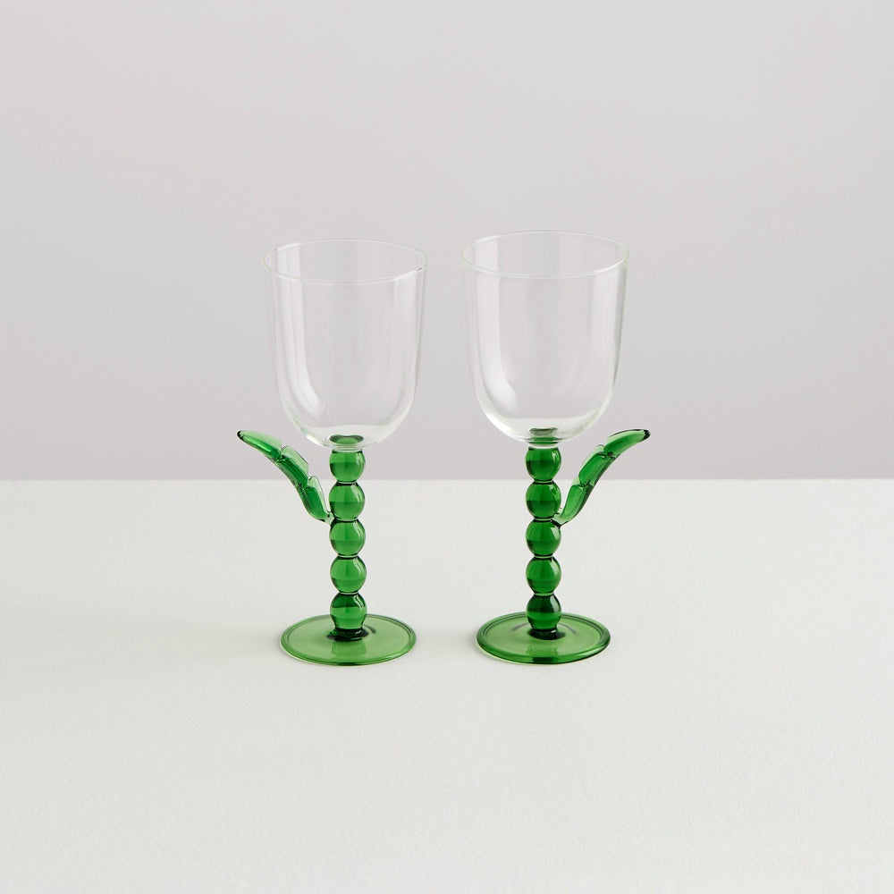 2 Palmier Wine Glasses | Green & Clear